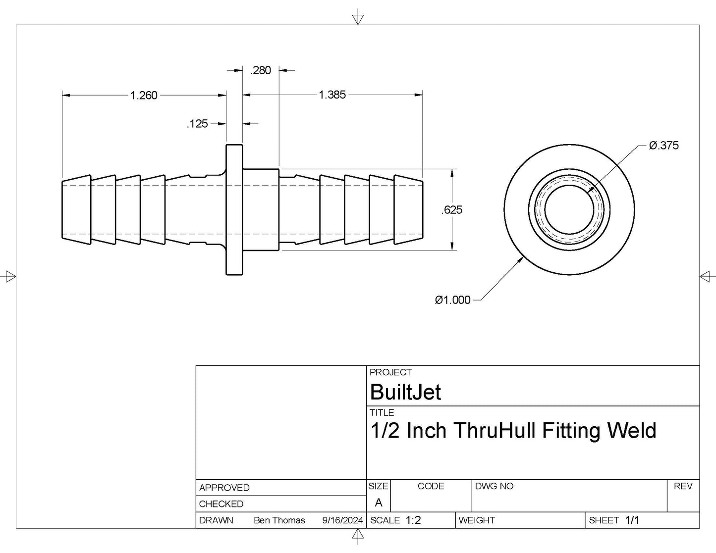 Weld-in Thru Hull Fitting Aluminum 1/2" ID Hose